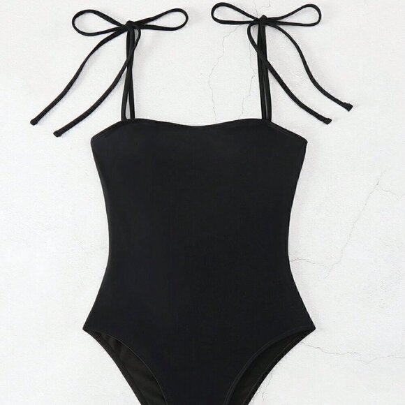 Black Vacation Style Women's Swim Summer Beach Solid Color One-Piece Swimsuit - Picture 2 of 5